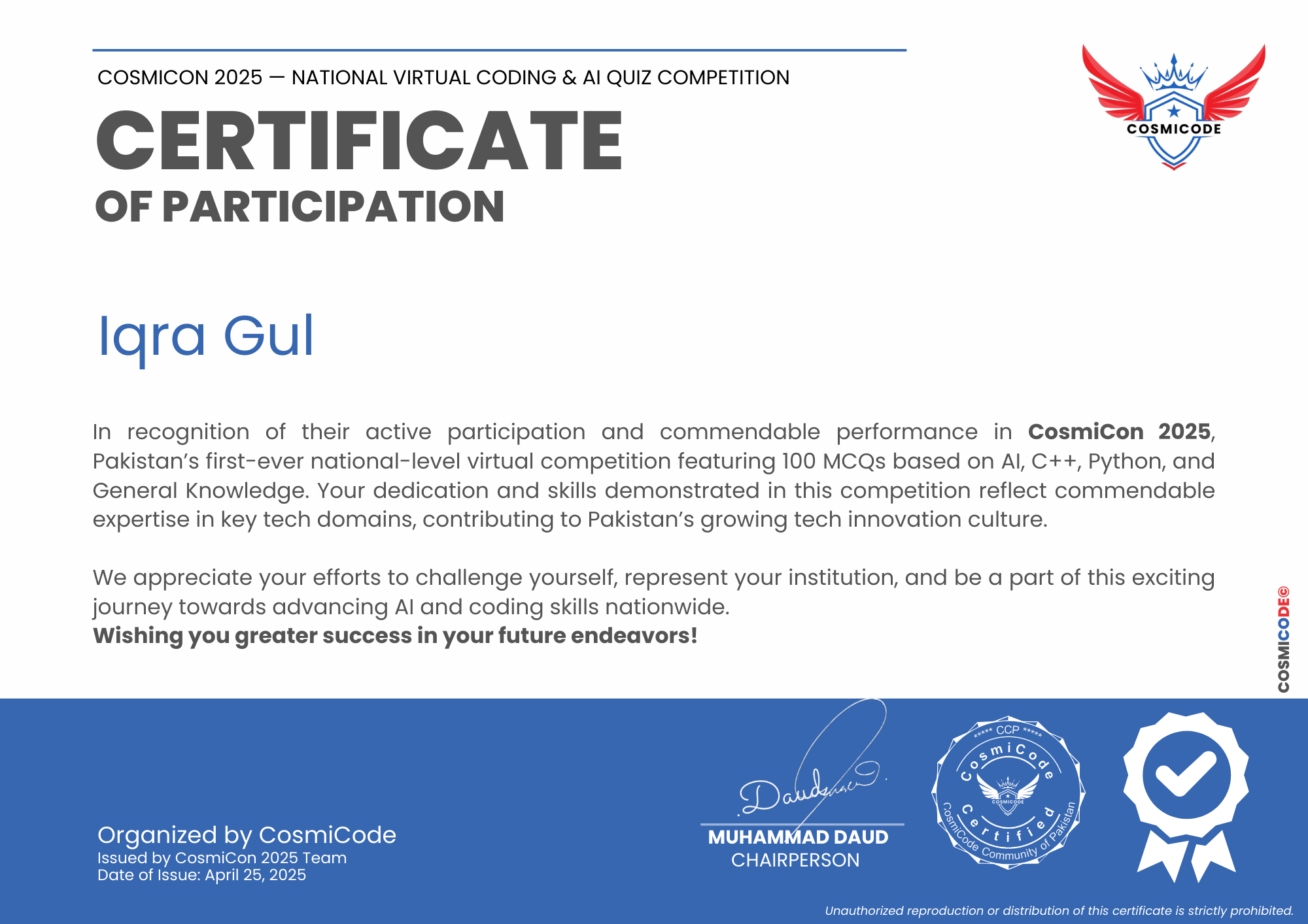 CosmiCon 2025 Certificate of Participation